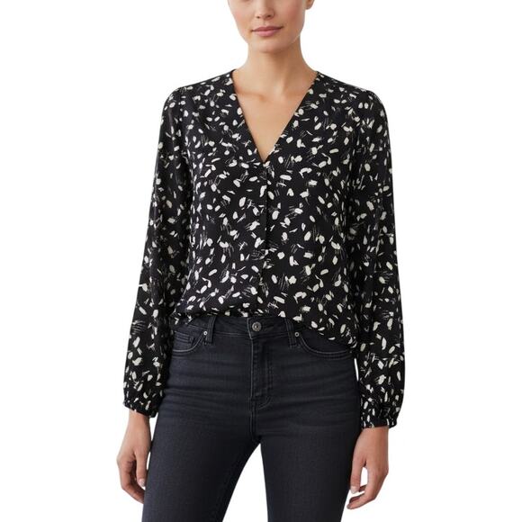 Lush V-Neck Button Up Long Sleeve Blouse Black Ivory NWT Women’s Medium - Picture 1 of 8